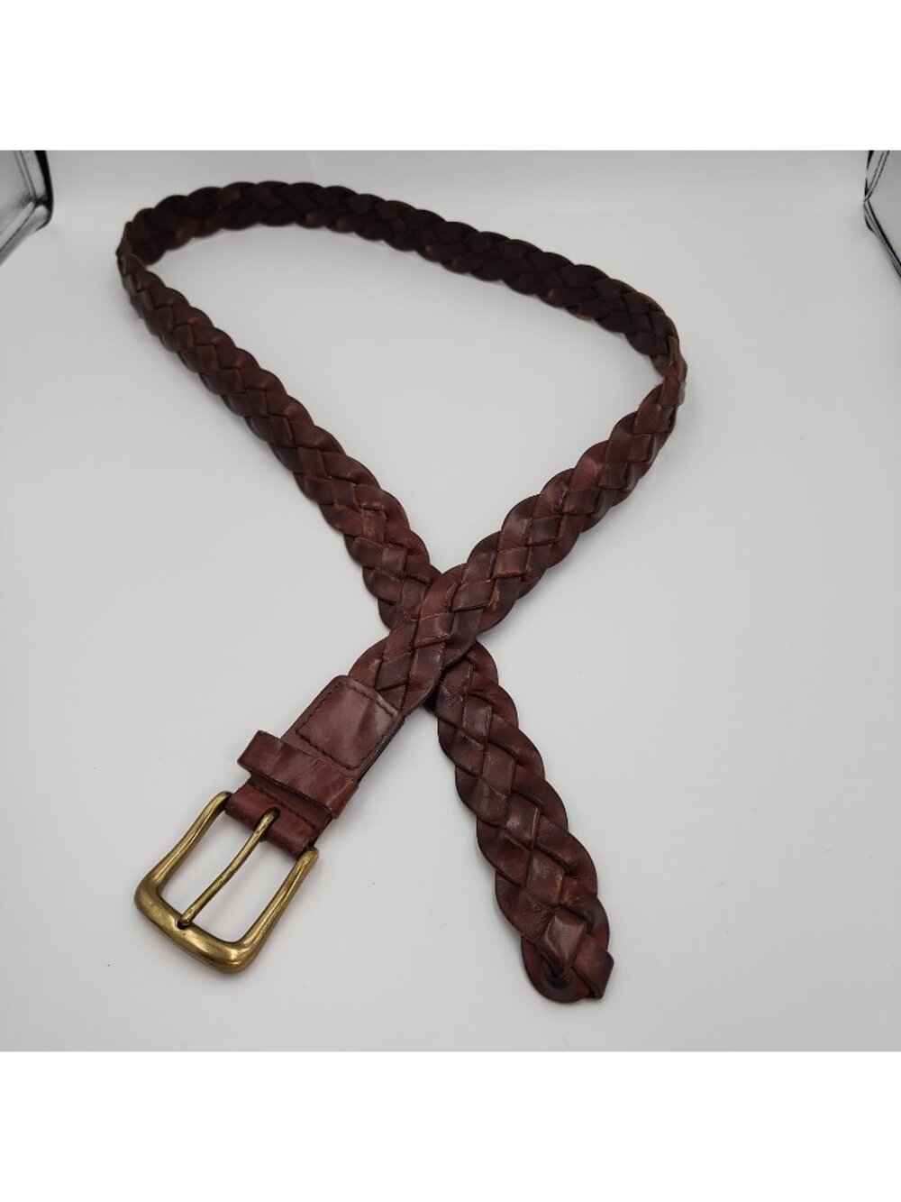 Vintage Braided Leather Belt Mens 44 Brown Brass Buckle 52" Length